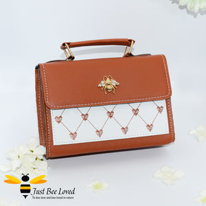 Crystal gold bee embellished small pu leather handbag with embroidery patterned love hearts in brown colour