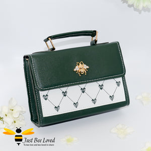 Crystal gold bee embellished small pu leather handbag with embroidery patterned love hearts in green colour