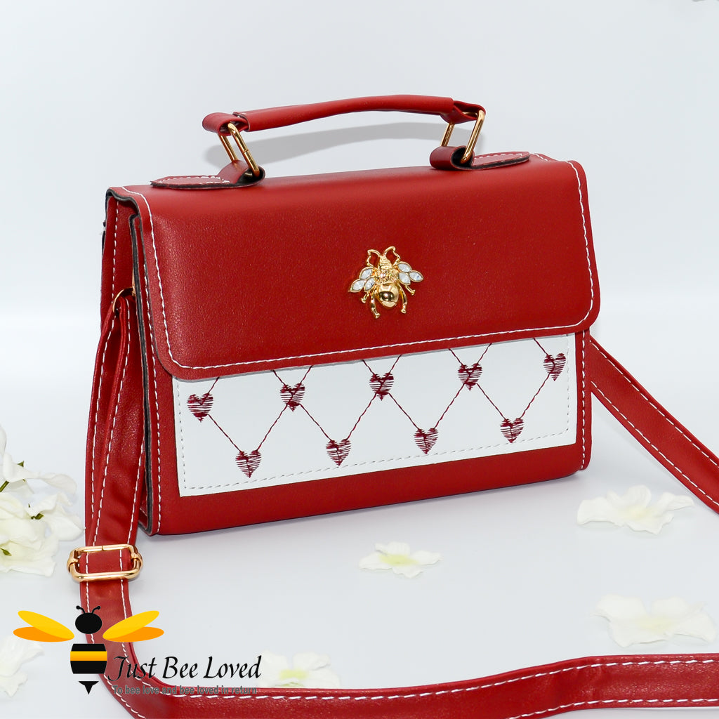 Crystal gold bee embellished small pu leather handbag with embroidery patterned love hearts in red colour