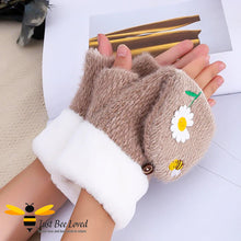 Load image into Gallery viewer, plush woollen convertible mitten gloves with cute bee &amp; daisy embroidery in brown