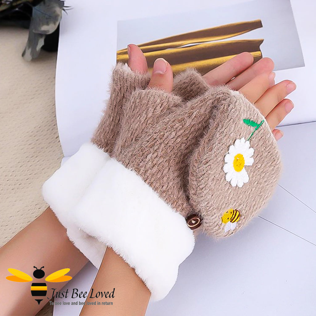 plush woollen convertible mitten gloves with cute bee & daisy embroidery in brown