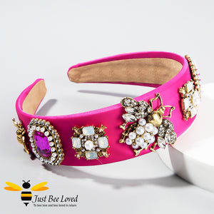 handmade baroque pink velvet headband embellished with rhinestone crystals, pearls and golden bees