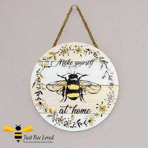 Wooden Busy Bumble Bees Hanging Wall Plaque with "Make yourself at home" message