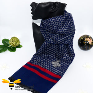 men's faux cashmere scarf with honeycomb and bee design in navy blue and red