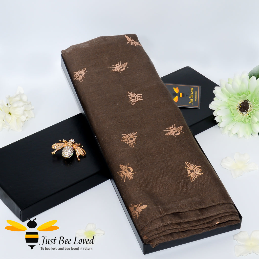 ladies brown lightweight scarf with rose gold bee print, gift boxed with gold bee brooch. 