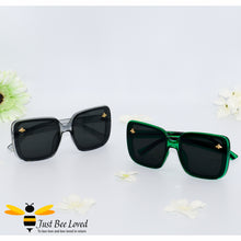 Load image into Gallery viewer, oversized retro styled square sunglasses featuring sweet gold bees on each lens in dark green and grey colours.