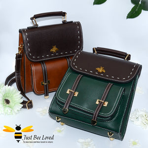 Bumble Bee Vegan Leather Backpack Handbags in Brown Green and Black