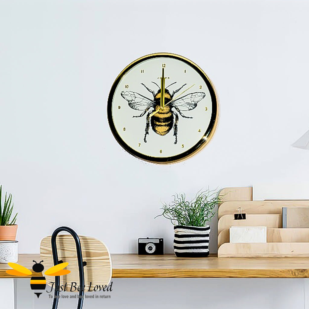 Round Bumble bee wall clock in Gold and cream 
