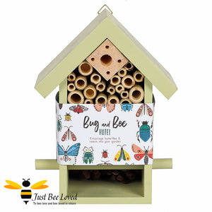Wooden Bee and bug hotel house for garden certified by the Forest Sustainability Council