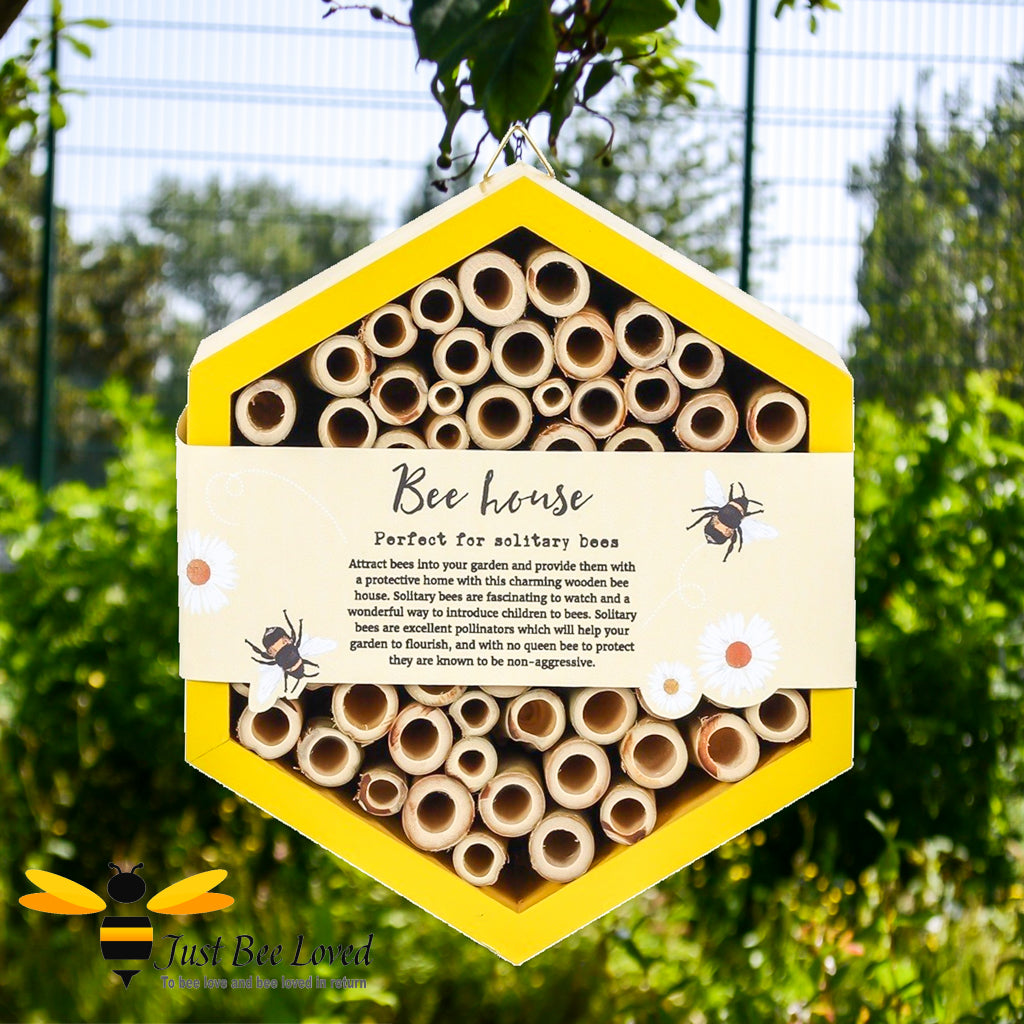 Hexagon shaped wooden bee house hotel in yellow colour