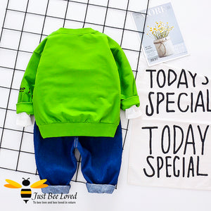 children's colourful sweatshirt & jeans set features a cute honey bee front print with matching dark denim jeans with animals and rainbows.