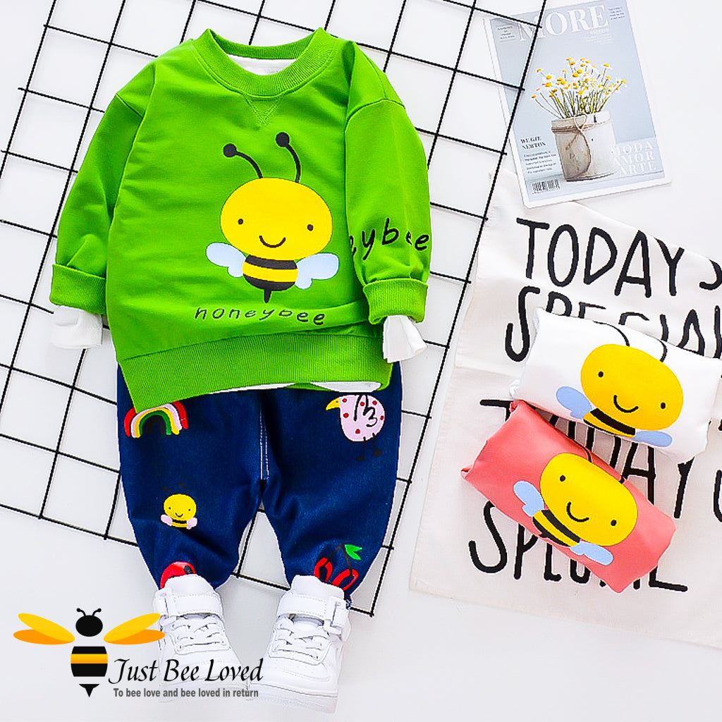children's colourful sweatshirt & jeans set features a cute honey bee front print with matching dark denim jeans with animals and rainbows.  