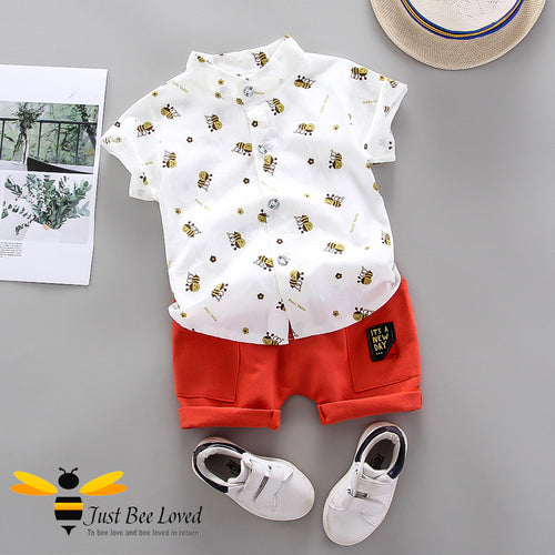 Shirt & short set for boys up to the age of 3 years.  White shirt patterned with cute little bees matched with red shorts.