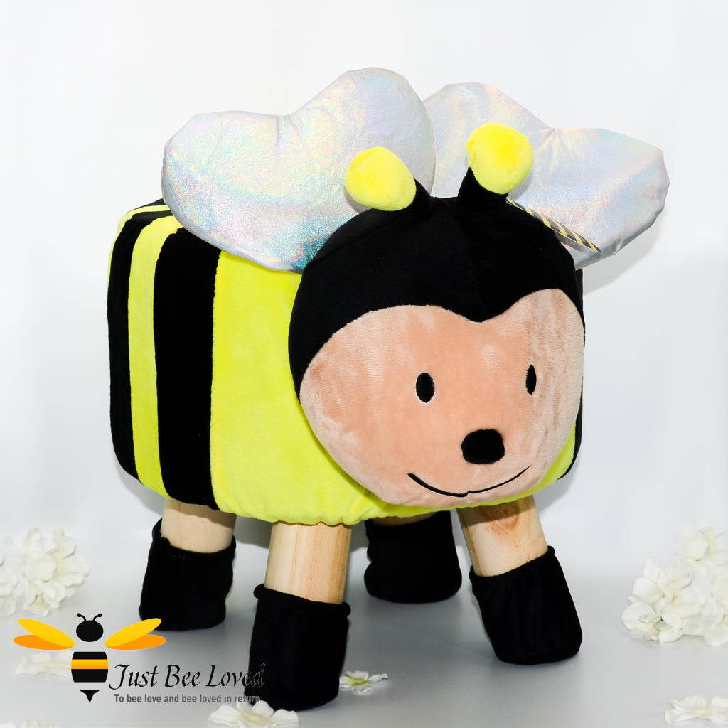 kid's bumble bee character plush padded wooden footstool seat chair