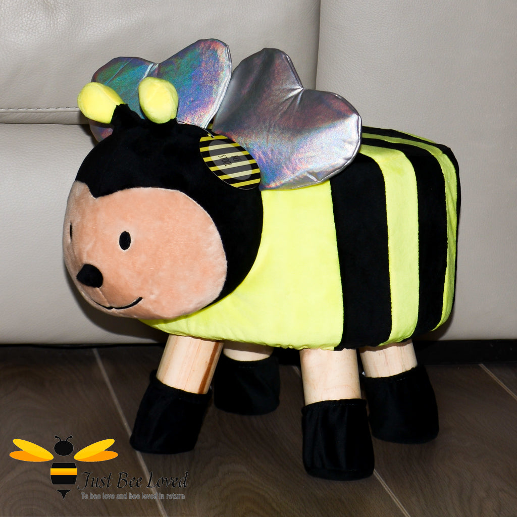 Children's bumble bee character plush padded wooden footstool seat chair