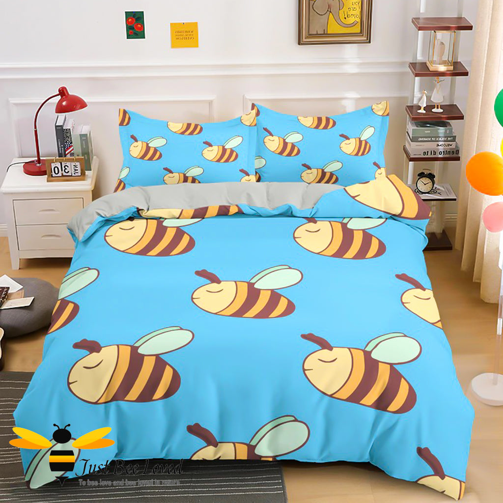 Blue duvet cover set featuring cartoon sleeping bees.