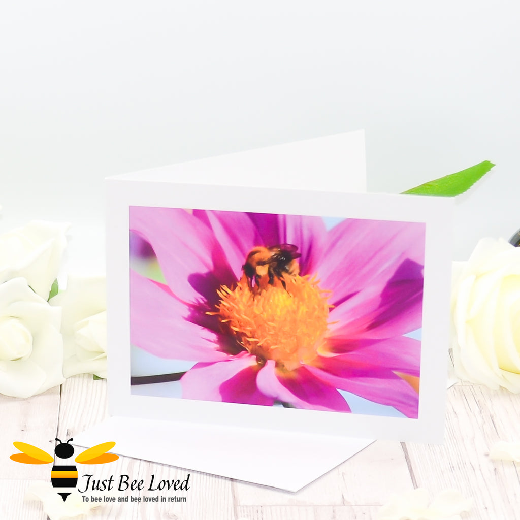 A greeting card featuring an original photographic image of a young Carder bee drinking nectar from a pink flower.