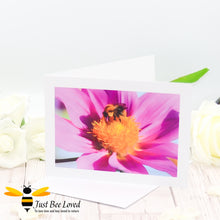 Load image into Gallery viewer, A greeting card featuring an original photographic image of a young Carder bee drinking nectar from a pink flower.
