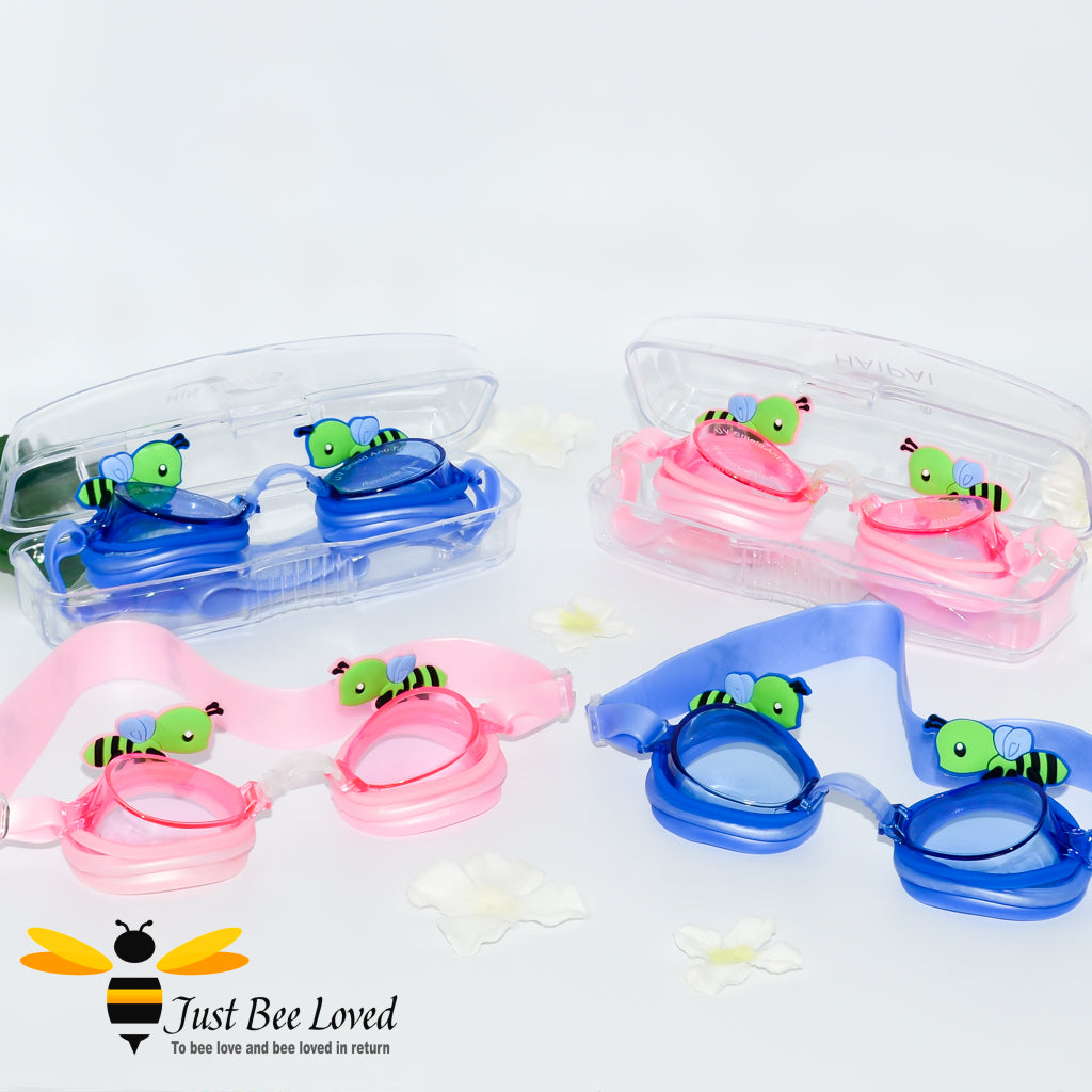Children's bumble bee swimming goggles with hard case in pink and blue