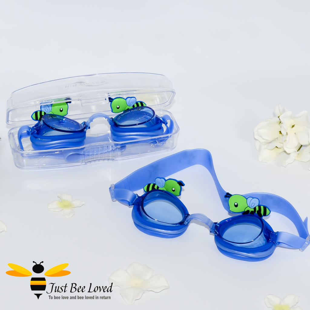 Children's bumble bee swimming goggles with hard case in pink and blue