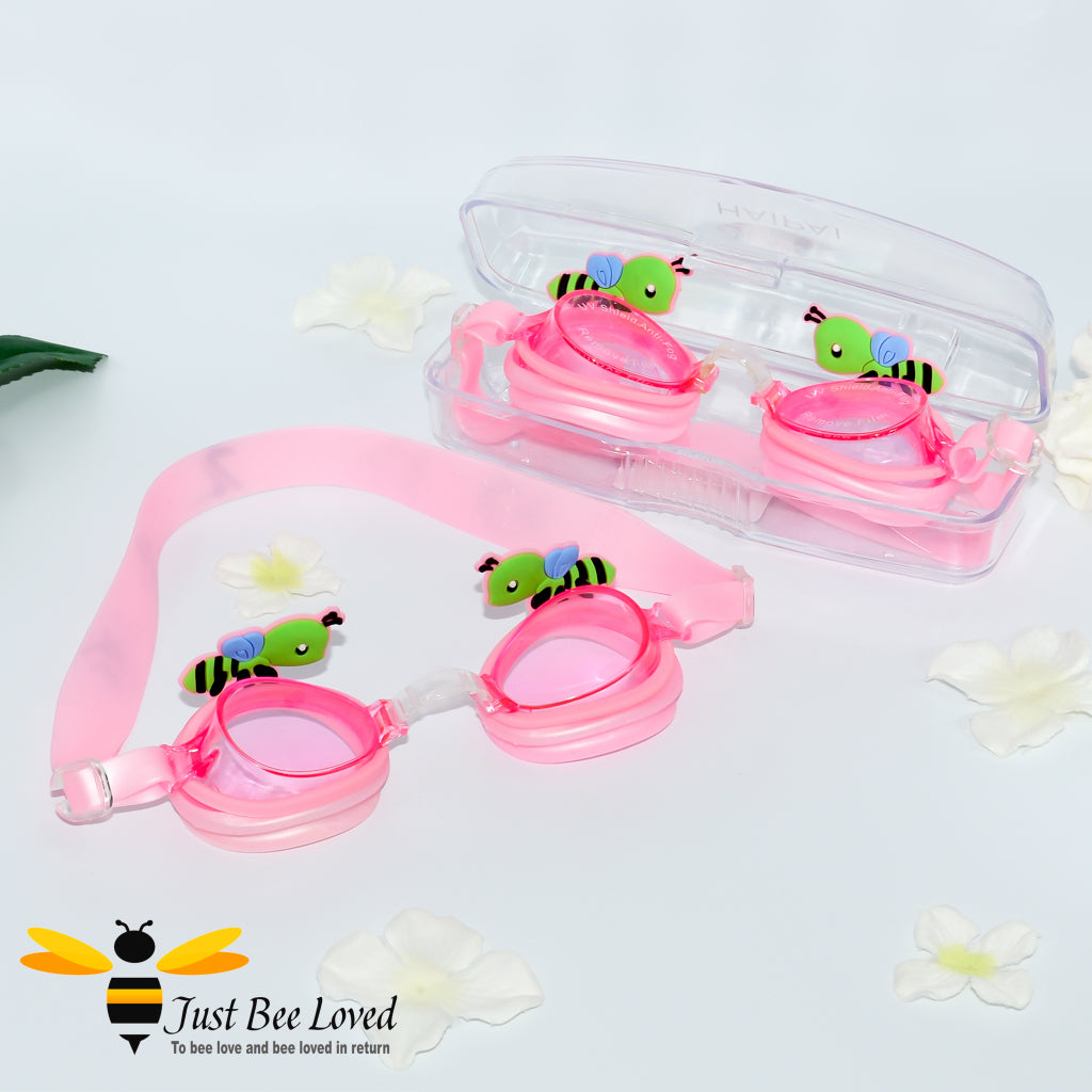 Children's bumble bee swimming goggles with hard case in pink and blue