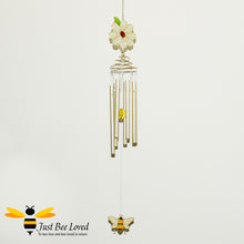 Load image into Gallery viewer, Hand crafted gold coloured metal chimes and glass resin daisy flower and bee windchime suncatcher