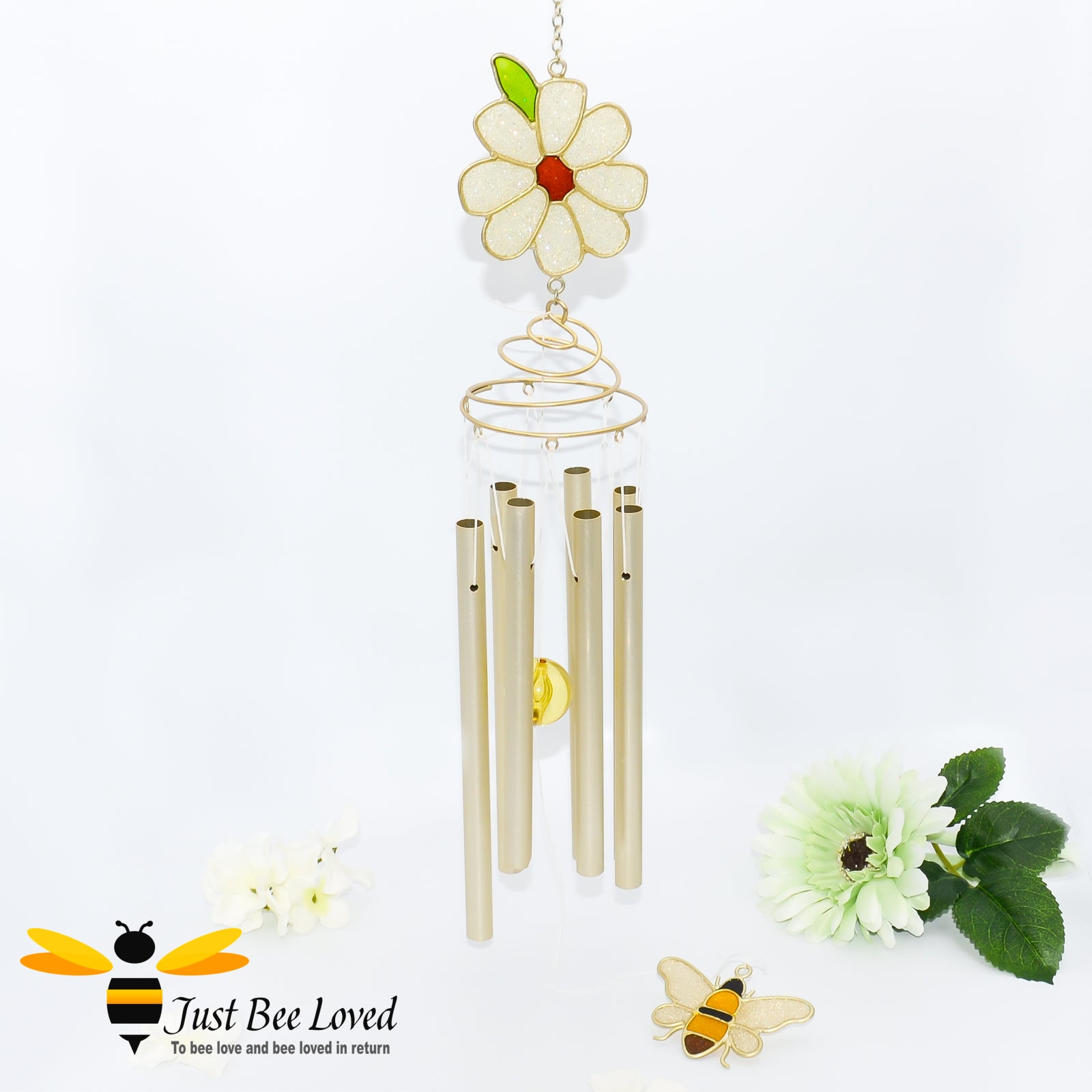 Hand crafted gold coloured metal chimes and glass resin daisy flower and bee windchime suncatcher