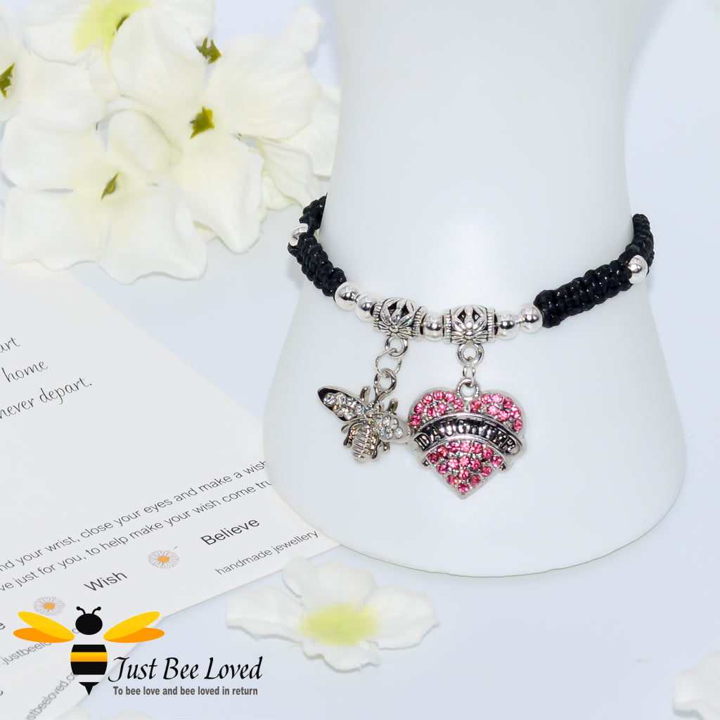 Black Shamballa wish bracelet featuring a bee charm and love heart engraved with "Daughter" with verse card.