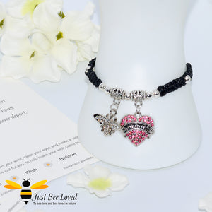 handmade Shamballa wish bracelet featuring a bee charm and love heart engraved with "Daughter" in black colour