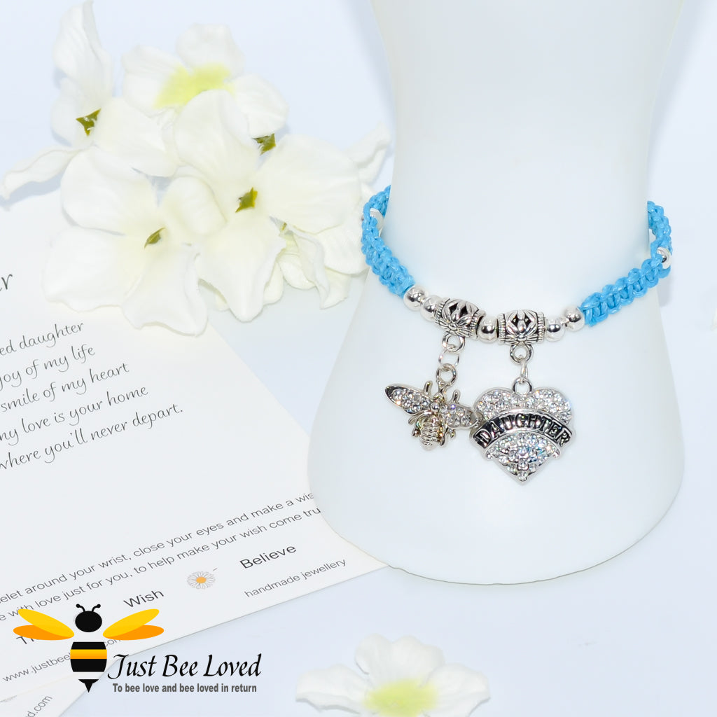 Blue Shamballa wish bracelet featuring a bee charm and love heart engraved with "Daughter" with verse card.