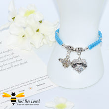 Load image into Gallery viewer, handmade Shamballa wish bracelet featuring a bee charm and love heart engraved with &quot;Daughter&quot; in blue colour