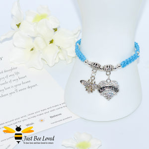 handmade Shamballa wish bracelet featuring a bee charm and love heart engraved with "Daughter" in blue colour