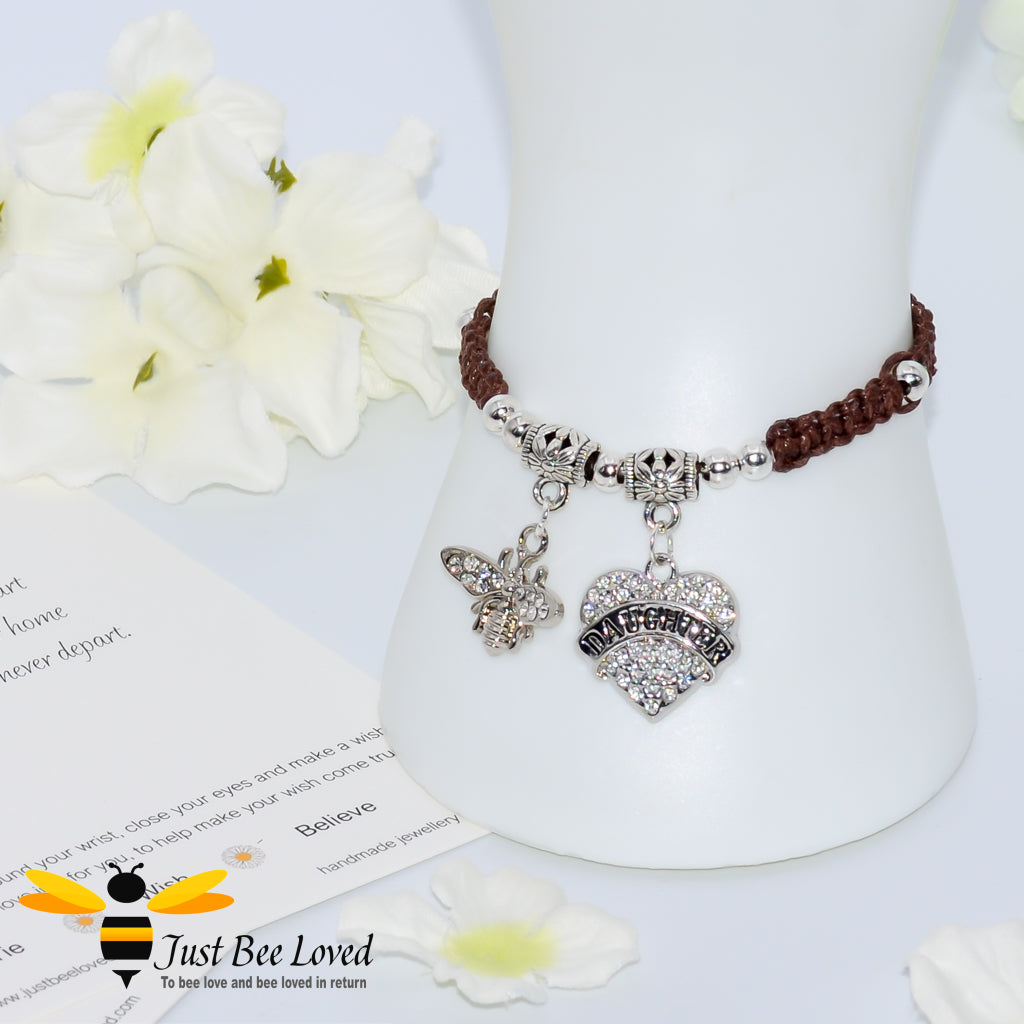 Brown Shamballa wish bracelet featuring a bee charm and love heart engraved with "Daughter" with verse card.