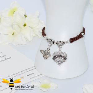 handmade Shamballa brown wish bracelet featuring a bee charm and love heart engraved with "Daughter" 