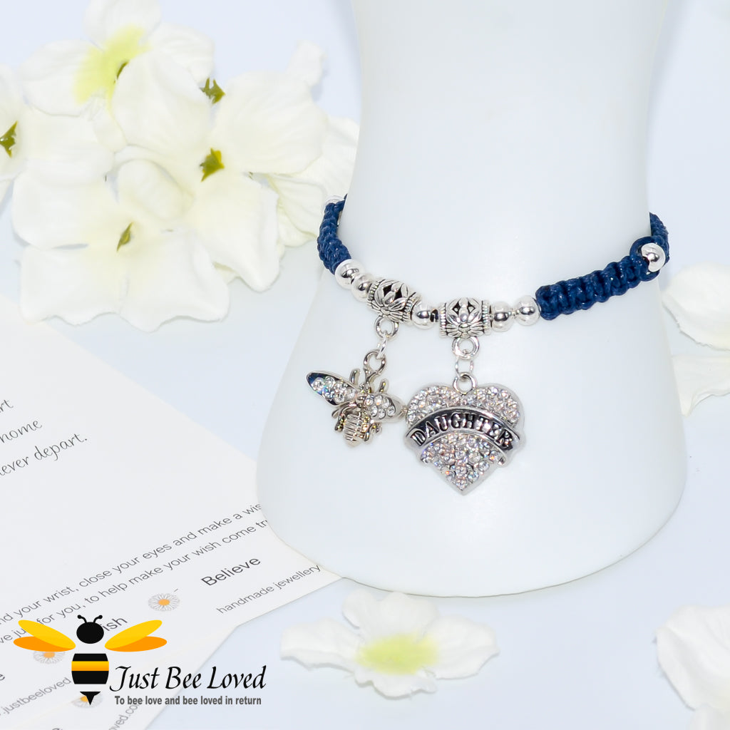Navy Shamballa wish bracelet featuring a bee charm and love heart engraved with "Daughter" with verse card.