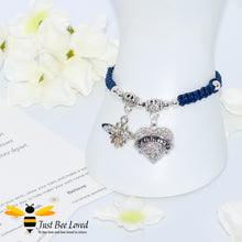 Load image into Gallery viewer, handmade navy Shamballa wish bracelet featuring a bee charm and love heart engraved with &quot;Daughter&quot; 