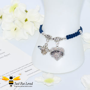 handmade navy Shamballa wish bracelet featuring a bee charm and love heart engraved with "Daughter" 