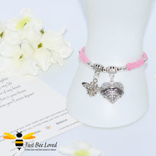 Load image into Gallery viewer, handmade pink Shamballa wish bracelet featuring a bee charm and love heart engraved with &quot;Daughter&quot; 