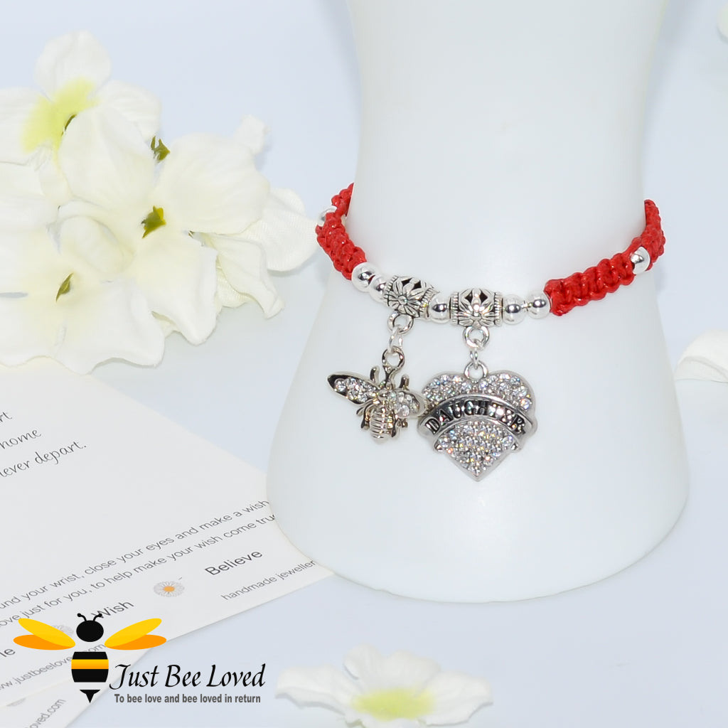 Red Shamballa wish bracelet featuring a bee charm and love heart engraved with "Daughter" with verse card.