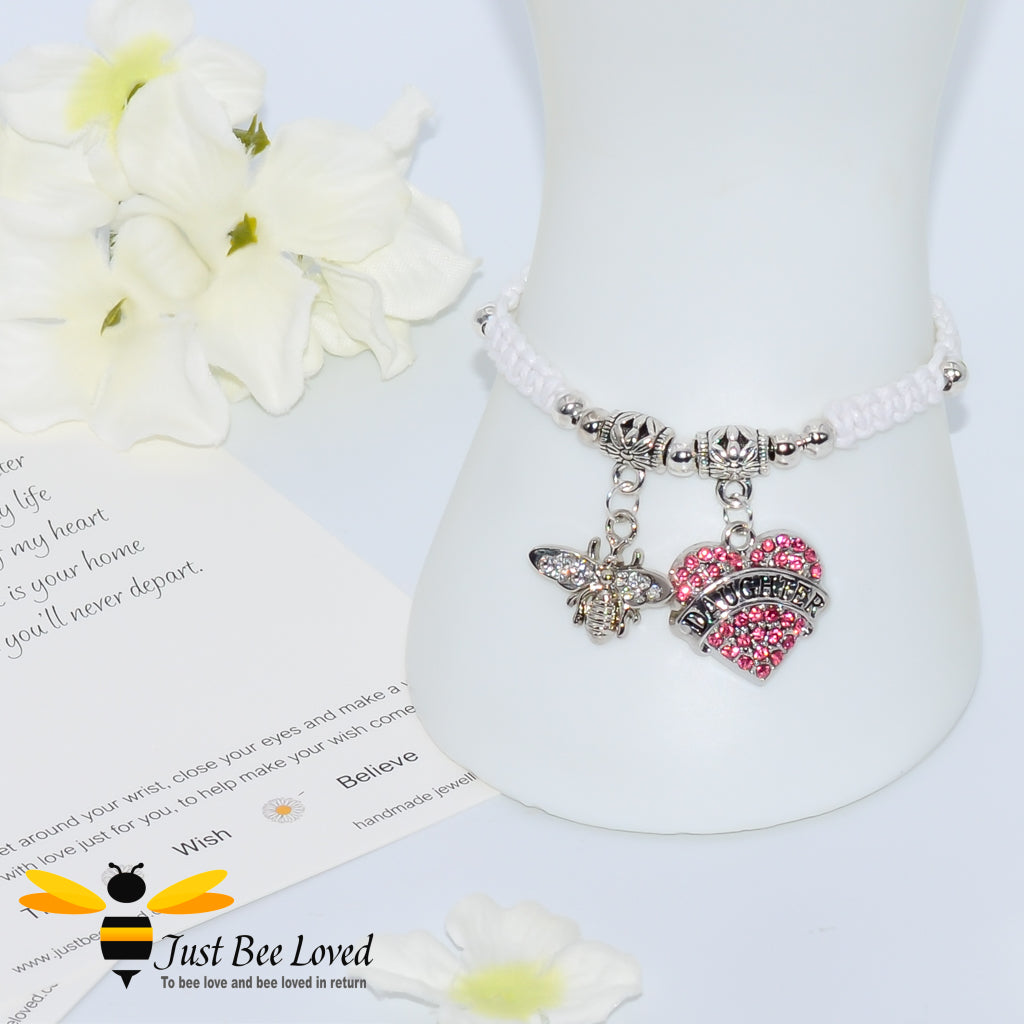 White Shamballa wish bracelet featuring a bee charm and love heart engraved with "Daughter" with verse card.
