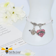 Load image into Gallery viewer, handmade white Shamballa wish bracelet featuring a bee charm and love heart engraved with &quot;Daughter&quot; 