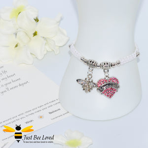 handmade white Shamballa wish bracelet featuring a bee charm and love heart engraved with "Daughter" 