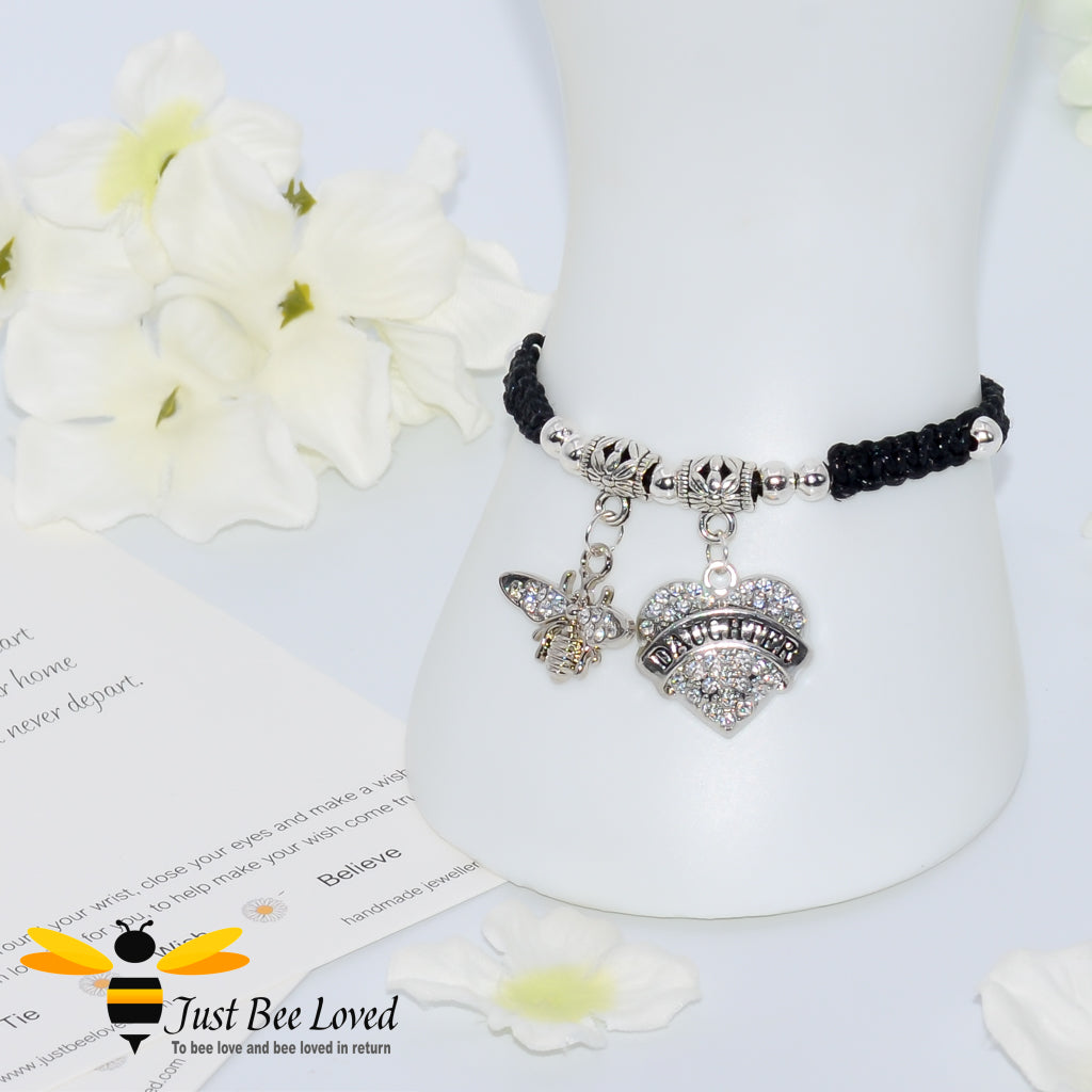 Black Shamballa wish bracelet featuring a bee charm and love heart engraved with "Daughter" with verse card.