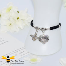 Load image into Gallery viewer, handmade black Shamballa wish bracelet featuring a bee charm and love heart engraved with &quot;Daughter&quot; 