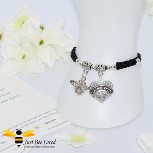 handmade black Shamballa wish bracelet featuring a bee charm and love heart engraved with "Daughter" 