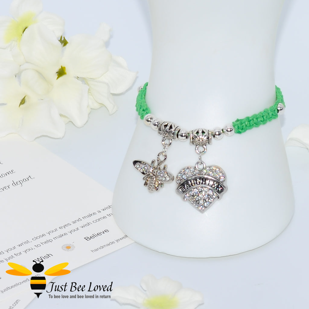 Green Shamballa wish bracelet featuring a bee charm and love heart engraved with "Daughter" with verse card.