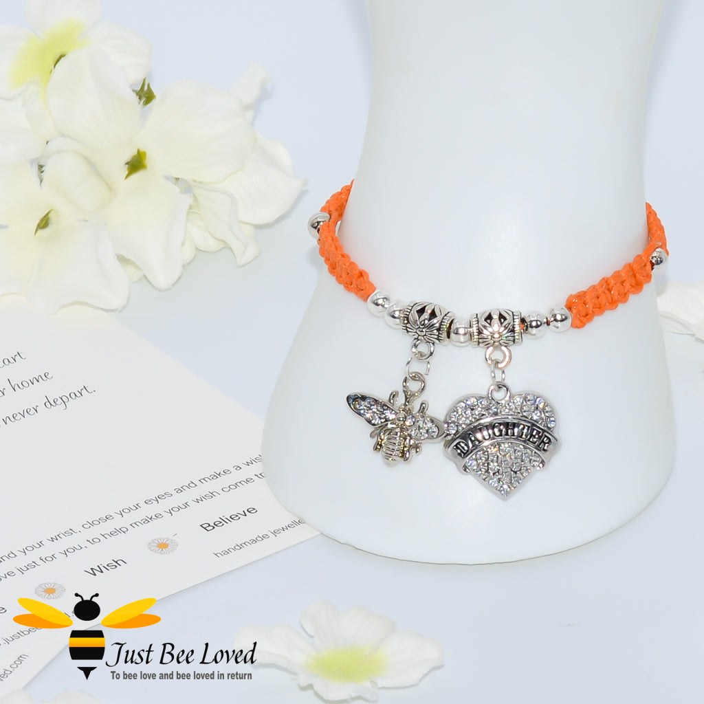 Orange Shamballa wish bracelet featuring a bee charm and love heart engraved with "Daughter" with verse card.