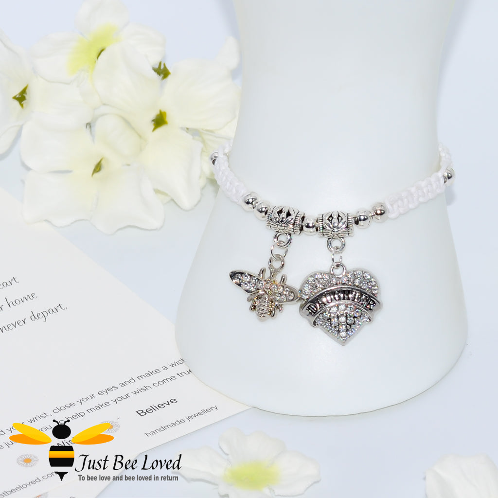 White Shamballa wish bracelet featuring a bee charm and love heart engraved with "Daughter" with verse card.