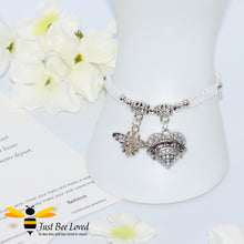 Load image into Gallery viewer, handmade Shamballa wish bracelet featuring a bee charm and love heart engraved with &quot;Daughter&quot; in white colour