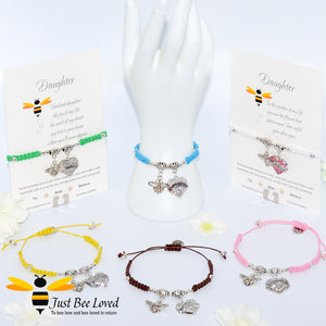 handmade Shamballa wish bracelet featuring a bee charm and love heart engraved with "Daughter"
